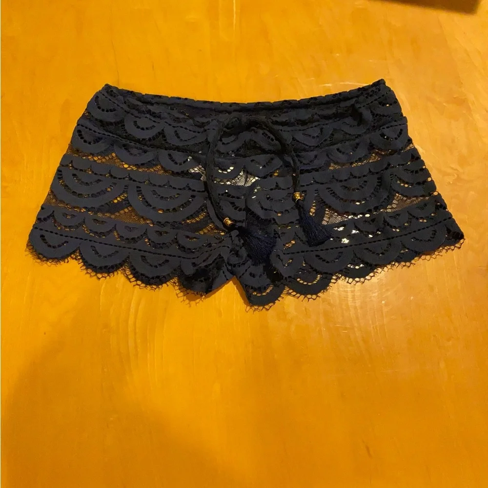 Lace Scallop Trim Women's Sleep Shorts - Navy